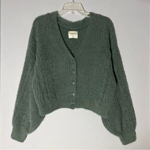 New ABERCROMBIE & FITCH Sage Green Oversize Fuzzy Cardigan Sweater A&F Soft L